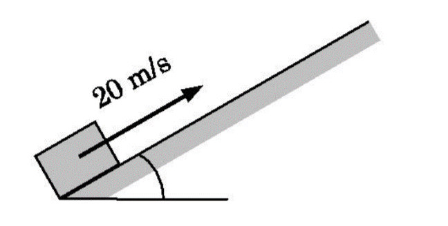 एक ब्लॉक जिसका द्रव्यमान m=10kg है को नत समतल के अनुदिश ऊपर की ओर नत-तल के पाद से 20 m//s की चाल से चित्रानुसार प्रक्षेपित किया जाता है। ब्लॉक तथा तल के मध्य घर्षण गुणाकं mu=0.5 है। ब्लॉक द्वारा तय की वह दुरी ज्ञात कीजिये जब ब्लॉक पहली बार रुकता है।