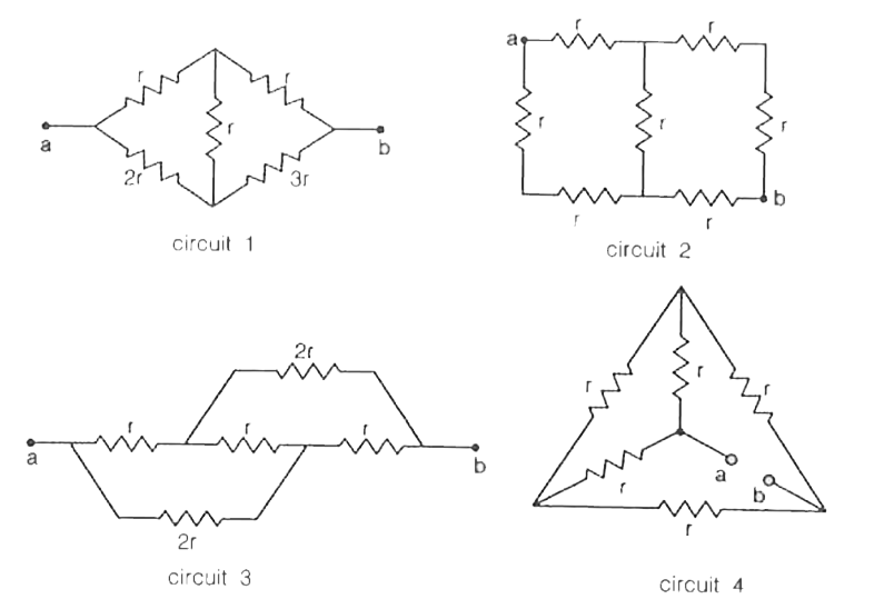 Find the equivalent resistance between the terminal points a and b of the circuits 1, 2,3 and 4.