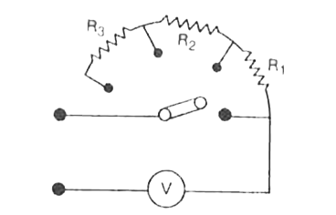 What should the resistance of the sections of a rheostat R(1), R(2) and R(3) be in order that the voltmeter (R(V) = 3000Omega) range may change 10,100 and 1000 times when the rheostat slide is shifted from one contact to another.