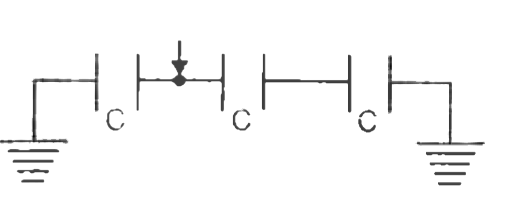 Three identical capacitors are first connected in series and then the first and the last condutors of the combination areconnected to earth. A change Q is communicated to the secong conductor of the first capacitor. Prove that the potential of'this conductor is 2Q//3C where C is the capacitor.