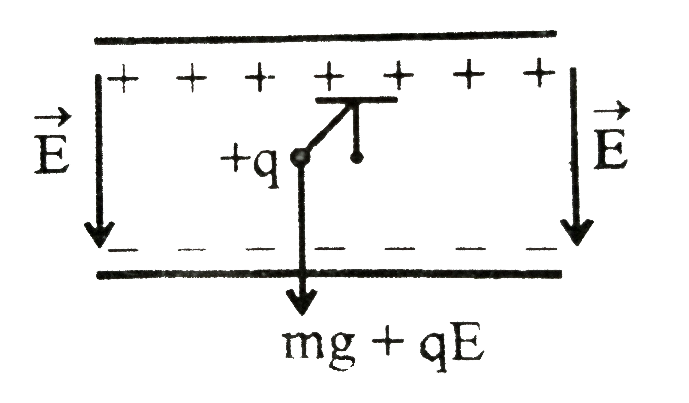 A simple pendulum having caharge  q1 mass ma and effective length 1, is suspended from a rigid support between the plates of charged horizontal capacitor. Electric field in the capacitor is perpendicular to the plates and directed vertically downwards .      The time period of oscillation of  the pendulum. if plates are held vertically , is given by :