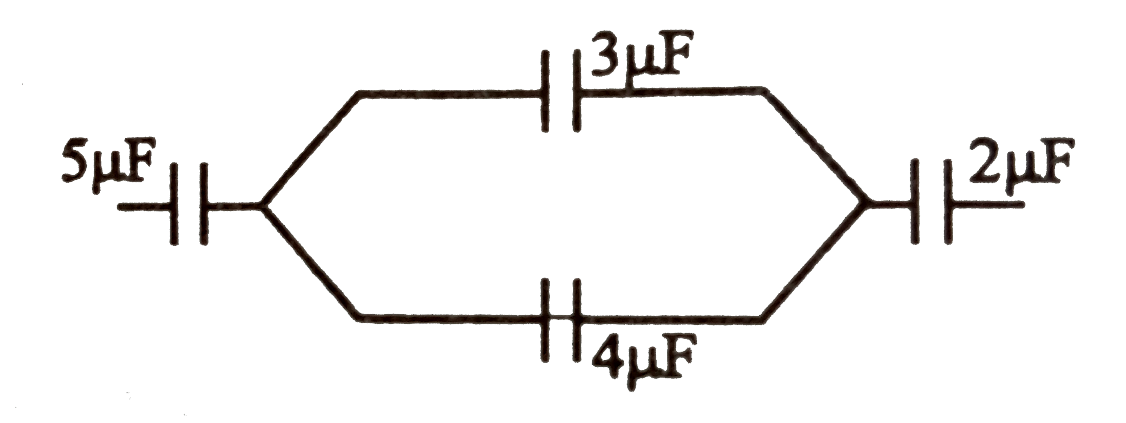 If charge on left plane of the 5muF capacitor in the circuit segment shiwn in the figure is -20muC, the charge on the right plate fo 3muF capacitor is