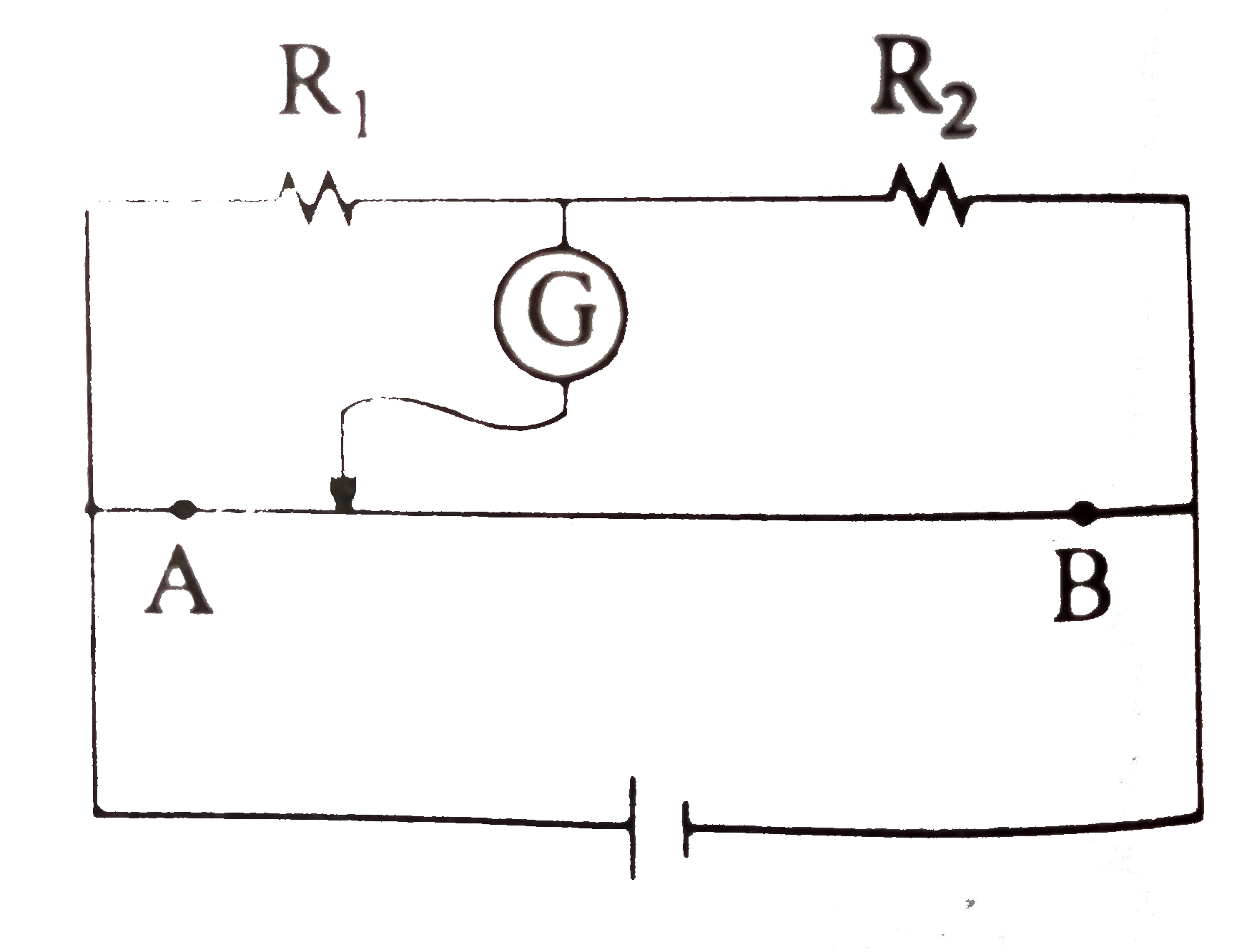 In the figure shown for given values of R1 and R2 the balance point for Jockey is at 40cm from A. When R2 is shunted by a resistance of 10Omega, balance shifts to 50cm. R1 and R2 are (AB=1cm):
