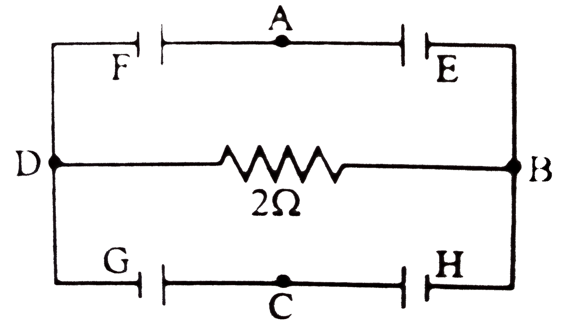 In the circuit shown E, F, G and H are cells of emf 2V, 1V, 3V and 1V respectively and their internal resistance are 2Omega, 1Omega, 3Omega and 1Omega respectively.