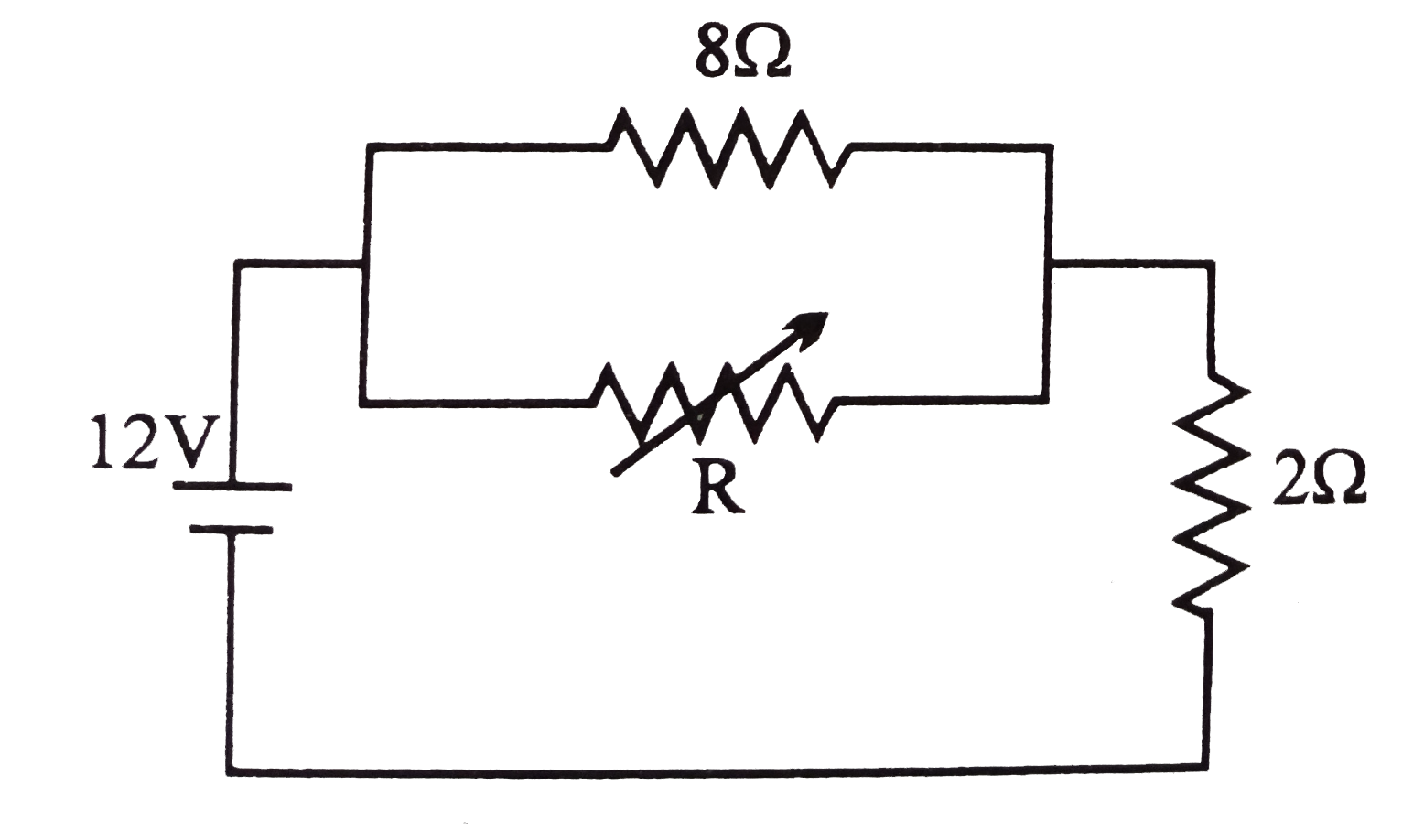 The value of the resistance R in figure is adjusted such that power dissipated in the 2Omega resistor is maximum. Under this condition