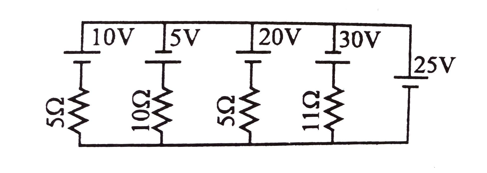 Find the current through 25V cell & power supplied by 20V cell in the figure shown