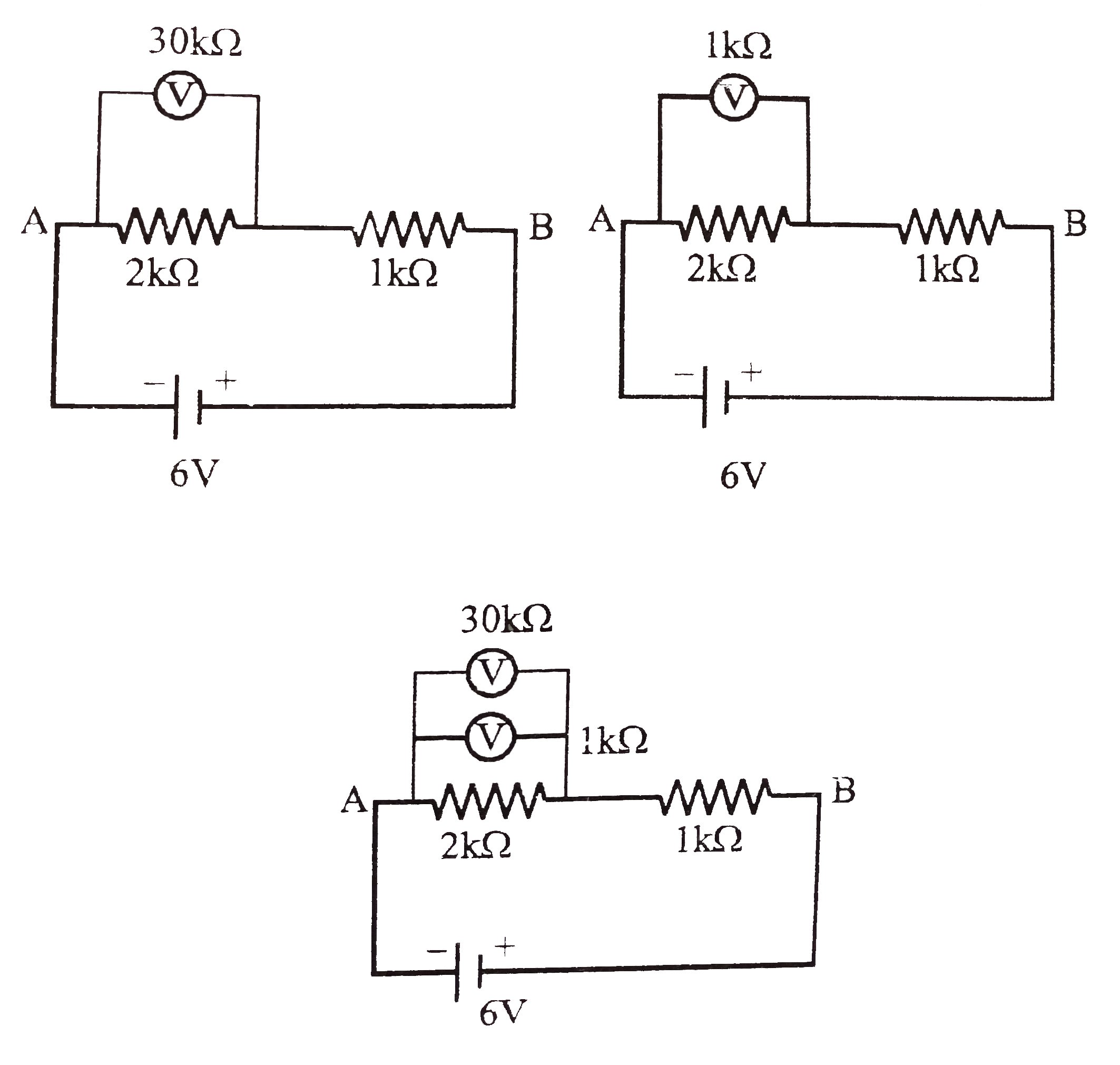 A series combination of a 2KOmega resistor and a 1KOmega resistor, is connected across a battery of emf 6V and negligible internal resistance. The potential drop, across the 2KOmega resistor is measured by (i) a 30kOmega voltmeter (ii) a 1kOmega voltmeter and (iii) both these voltmeter connected across it. If the voltmeter readings is the three cases are V1, V2 and V3 respectively, arrange these reading in descending order.      How will the three reading compare with one another if the potential drop were measured across the series combination of the 2kOmega and the 1kOmega resistor i.e., across the point A and B?