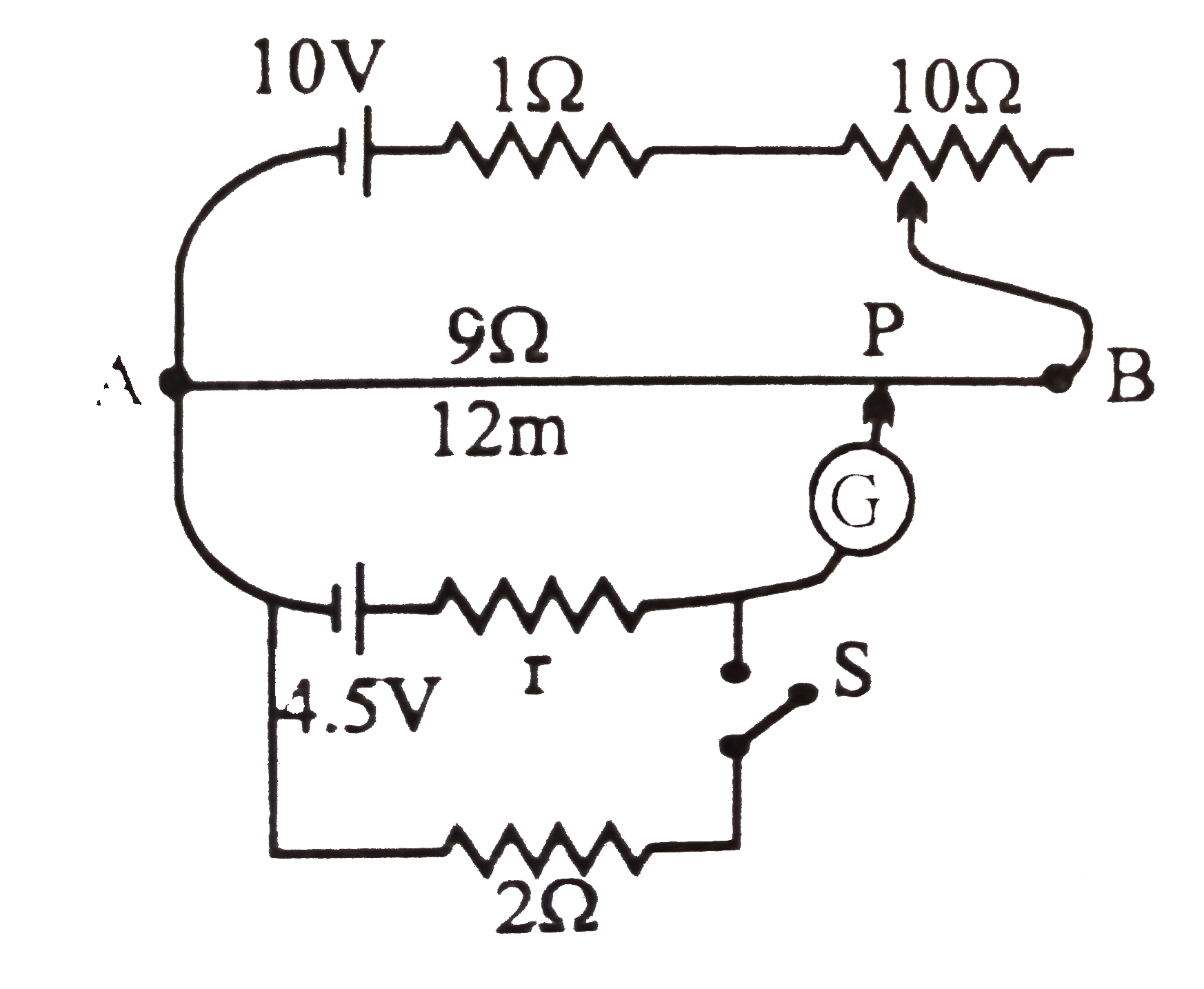 In the primary circuit of potentiometer the rheostat can be varied from 0 to 10Omega. Initially it is at minimum resistance (zero).      (a) Find the length AP of the wire such that the galvanometer shows zero deflection.   (b) Now the rheostat is put at maximum resistance (10Omega) and the switch S is closed. New balancing length is found to 8m. Find the internal resistance r of the 4.5V cell.