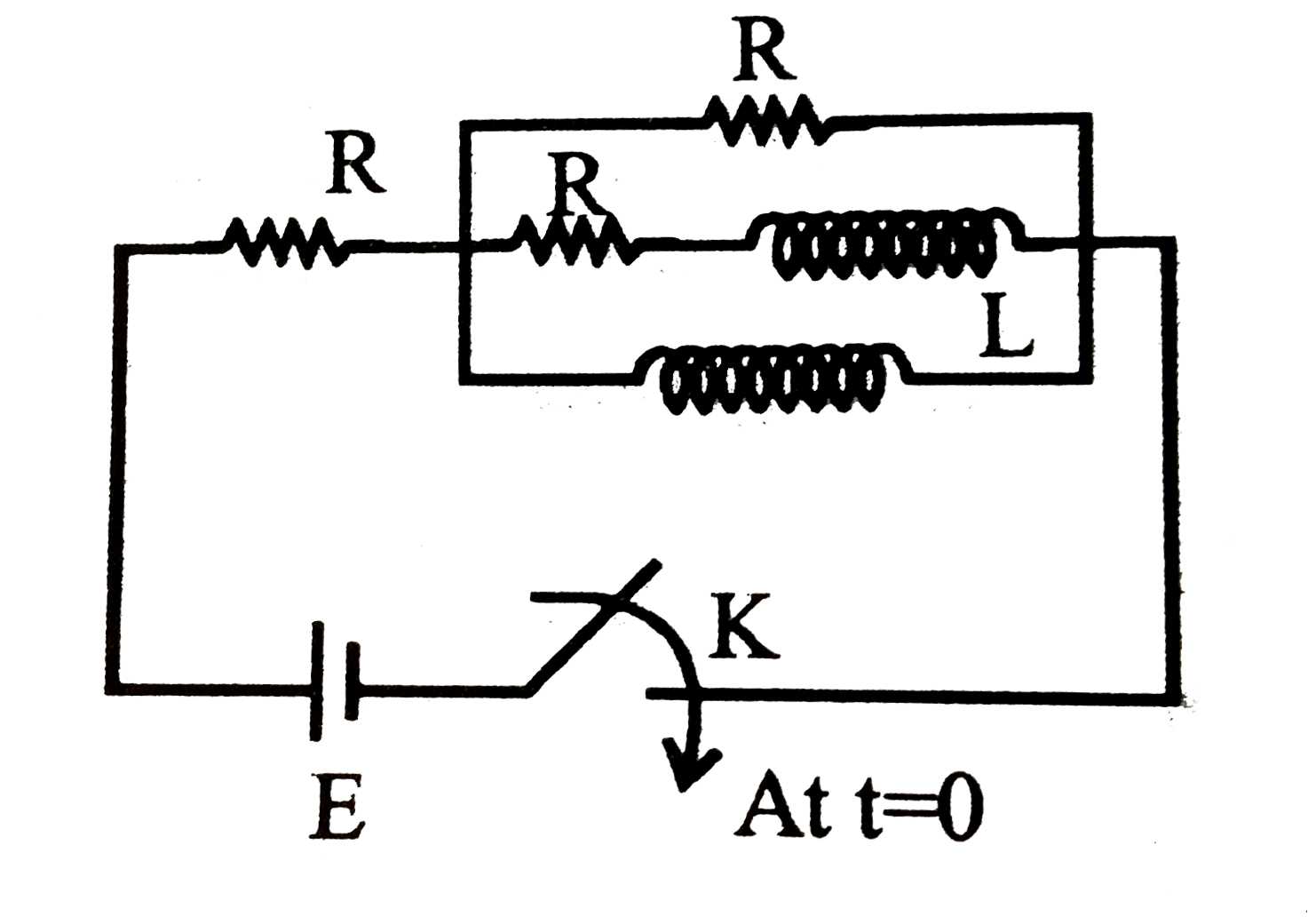 STATEMENT-1: At t=0, current through emf source i=E/(2R)' and at t=oo, i(through emf source will be)=E//R.   STATEMENT-2: At t=0, inductor will behave like open circuit and at t=oo, inductor will behave like short circuit.