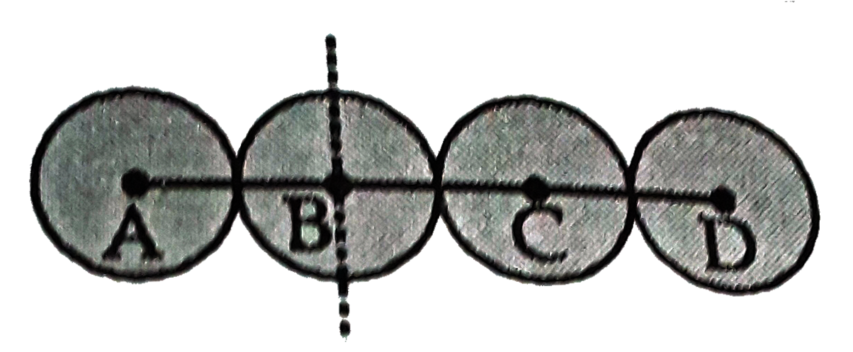 Four identical bodies each of mass 1 kg are placed touching to each other with centres on a straight line. If their centres are marked A, B, C and D respectively, then the distance of centre of mass of the system from B will be