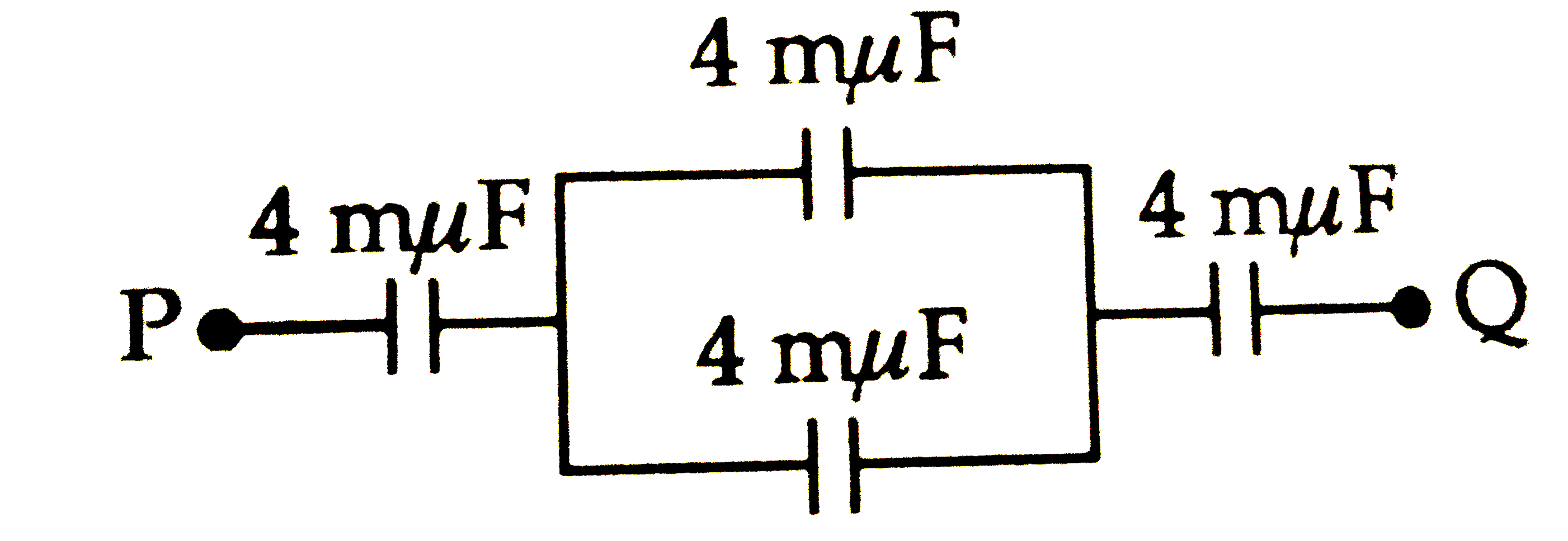 Four condensers each of capacity 4muF are connected as shown in the adjoining figure.   If V(P)-V(Q)=15V, the energy stored in the system is