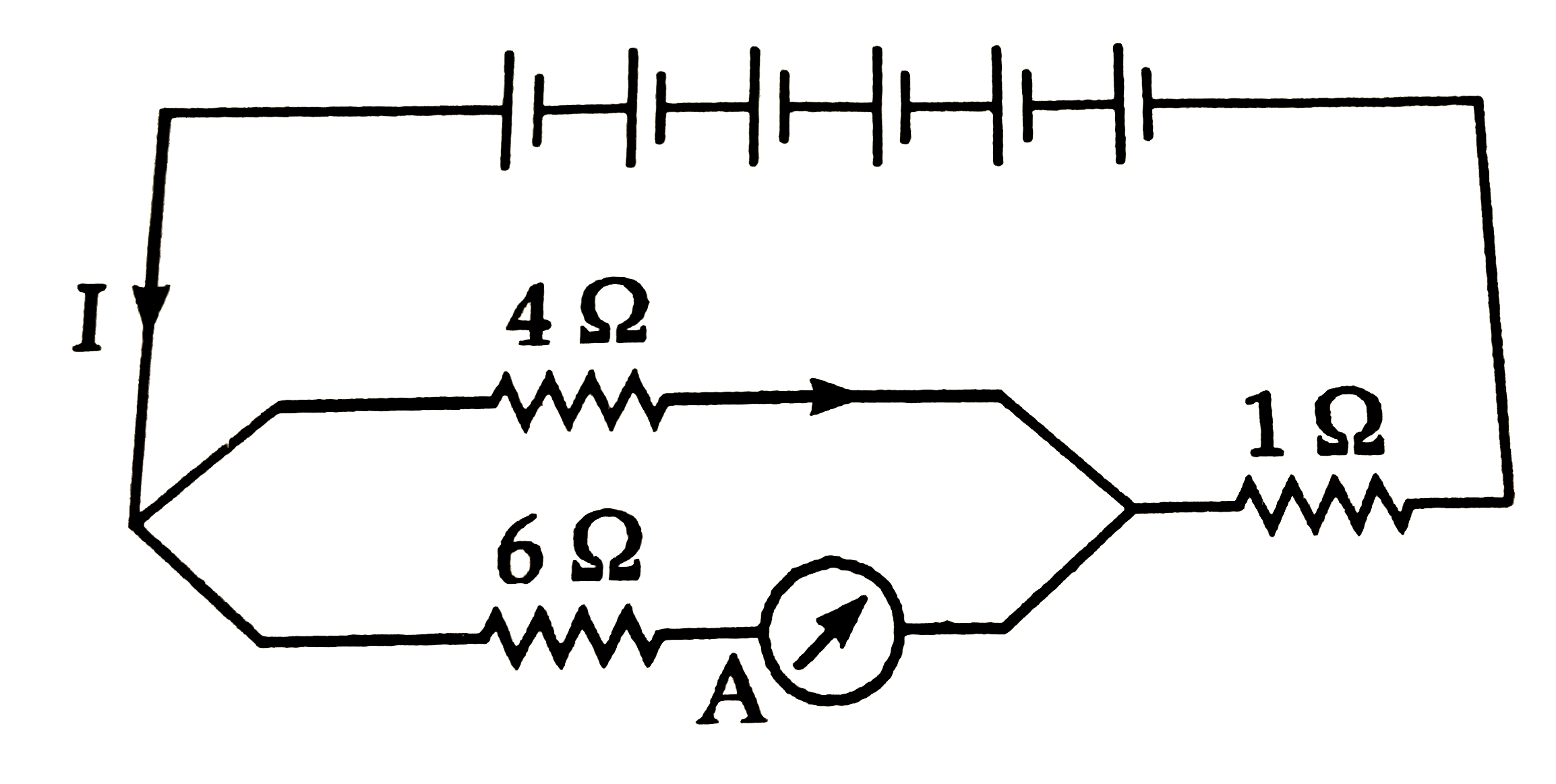 Six cells each of e.m.f. 2 V and internal resistance 0.1Omega are connected to three resistances as shown in figure. The reading of a low resistance ammeter A in the circuit is,