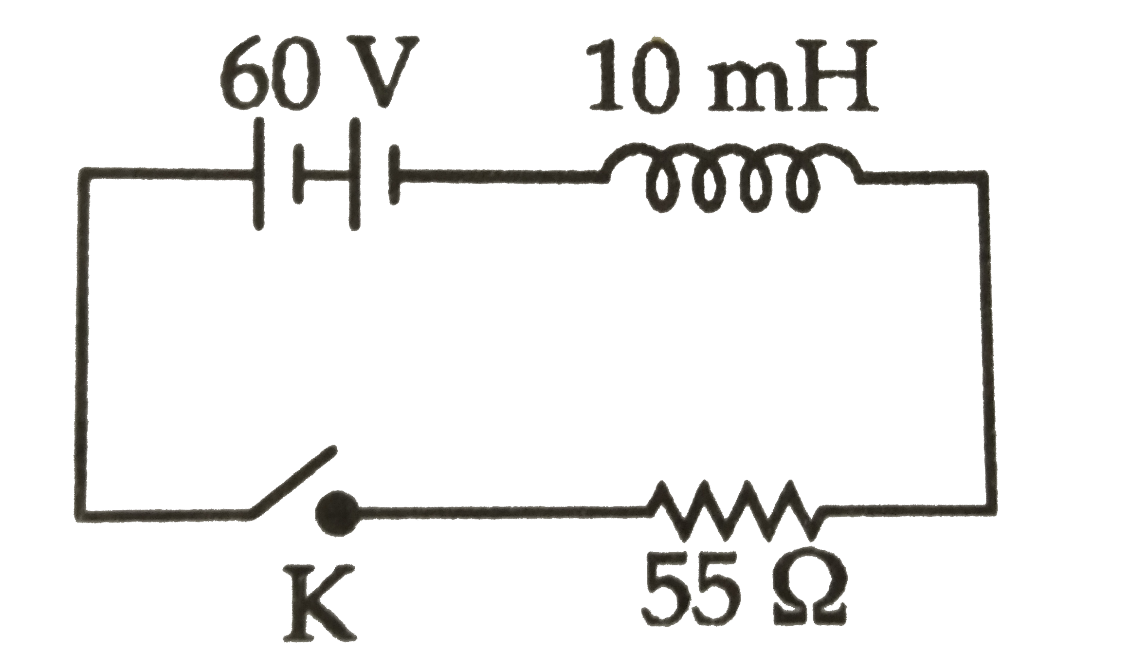 The rate of charge of current is 500 A/s at the instant key is pressed in the circuit shown in the figure. The current through the circuit is