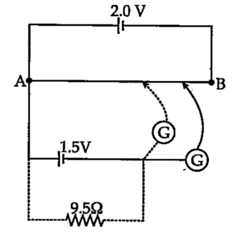 Figure shows a 2.0 V potentiometer used for the determination of internal resistance of a 1.5 V cell.The balance point of the cell in open circuit is 76.3 cm.When a resistor of 9.5 Omegais,used in the external circuit of the cell,the balance point shifts to 64.8 cm length of the potentiometer wire. Determine the internal resistance of the cell.