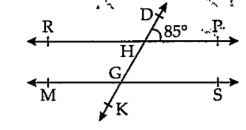 आकृतीमध्ये रेषा RP || रेषा MS व रेषा DK ही त्यांची छेदिका आहे. ∠ DHP = 85^@  तर खालील कोनांची मापे काढा.       angle RHD
