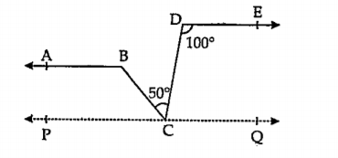 आकृतीमध्ये, जर किरण BA ||  किरण DE,  angle C=  50^@  आणि  angle D= 100^@ , तर angle ABC चे माप काढा.   (सूचना : बिंदू C मधून रेषा AB ला समांतर रेषा काढा.)
