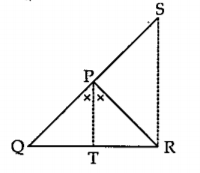 आकृतीमध्ये रेख PT हा angle QPR चा दुभाजक आहे. बिंदू R मधून काढलेली रेख PT ला समांतर असणारी रेषा, किरण QP ला S बिंदूत छेवते, तर सिद्ध करा की,  PS = PR.