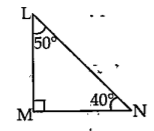 काटकोन triangle LMN मध्ये, angle LMN = 90^@, angle L = 50^@ आणि angle N = 40^@ आहे यावरून खालील गुणोत्तरे लिहा.    cos 50^@