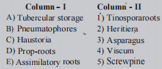 Match the items in Column-I with Column-II and choose the correct alternative