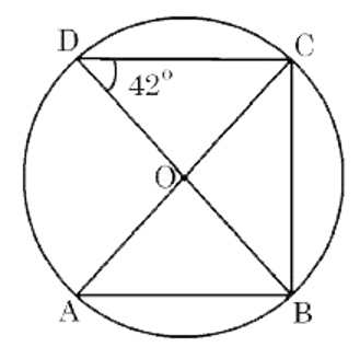 दी गई आकृति में O वृत्त का केन्द्र है तथा angleBDC=42^(@) है तो angleACB बराबर है