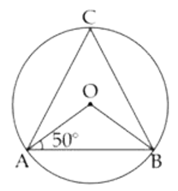 दी गई आकृति में, केन्द्र O वाले वृत्त की एक जीवा AB है। यदि angle OAB = 50^(@)  है, तो angle ACB बराबर है :