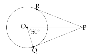 यहाँ दी गयी आकृति में O वृत्त का केंद्र है तथा PQ तथा PR वृत्त के स्पर्श-रेखाखण्ड है।  angleRPO की माप ज्ञात कीजिये।