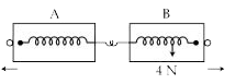 दो कमानीदार तुलाएँ A तथा B को एक दूसरे के विपरीत खींचा जाता है जैसा कि नीचे दिए गए चित्र में दिखाया गया है।      कमानीदार तुला B का पाठ्यांक 4N है। कमानीदार तुला A का पाठ्यांक होगा :