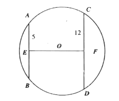 AB and CD are chords of the circle, and E and F are the midpoints of the chords, respectively. The line EF passes through the center O of the circle. IF EF = 17. then what is radius of the circle?