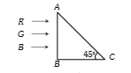 A beam of light consisting of red, green and blue colours is incident on a right-angled prism ABC. The refractive indices of the material of the prism for the above red, green and blue wavelengths are 1.39, 1.44 and 1.47 respectively. The colour/colours transmitted through the face AC of the prism will be