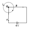 A wire is bent in the form of circle of radius 2m. Resistance per unit length of wire is 1//pi Omega//m. Battery of 6V is connected between A & B. angleAOB = 90^(@). Find the current through the battery-