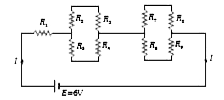 Nine resistors each of 1 kΩ are connected to a battery of 6 V as shown in the circuit given below. What is the total current flowing in the circuit.