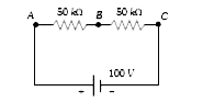 In the adjacent shown circuit, a voltmeter of internal resistance R, when connected across B and C reads 100/3 V.    neglecting the internal resistance of the battery, the value of R is: