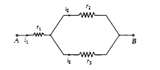 Three resistors having resistances r(1), r(2) and r(3) are connected as shown in the given circuit. The ratio i(3)/i(1) of currents in terms of resistances used in the circuit is-