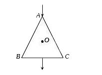 An equilateral triangle is made by uniform wires AB, BC, CA. A current I enters at A and leaves from the mid point of BC. If the lengths of each side of the triangle is L, the magnetic field B at the centroid O of the triangle is