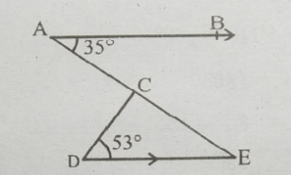 ಚಿತ್ರದಲ್ಲಿ AB ।। DE , angleBAC =  35^@ ಮತ್ತು angleCDE = 53^@, ಆದರೆ angleDCE ಕಂಡುಹಿಡಿಯಿರಿ.