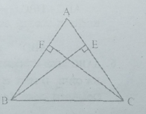 ತ್ರಿಭುಜ ABC ಯಲ್ಲಿ AC ಮತ್ತು AB ಗಳಿಗೆ ಎಳೆದ ಎತ್ತರಗಳು ಕ್ರಮವಾಗಿ BE ಮತ್ತು CF  ಆಗಿದ್ದು ಅವು ಸಮವಾಗಿದೆ (ಚಿತ್ರ ಗಮನಿಸಿ).  (i) triangleABE cong triangleACF  (ii) AB = AC  ಅಂದರೆ triangleABC ಸಮದ್ವಿಬಾಹು ತ್ರಿಭುಜ ಎಂದು ತೋರಿಸಿ.