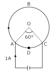 एक सेल को केंद्र O और कोण AOC=60^(@)  वाले एक  वृत्ताकार चालक ABCD के बिंदुओं A और C के बीच जोड़ा जाता है। यदि B(1) और B(2) क्रमश: O पर  ABC और ADC में धाराओं के कारण चुंबकीय क्षेत्र के परिमाण हैं, तब अनुपात (B(1))/(B(2)) है:
