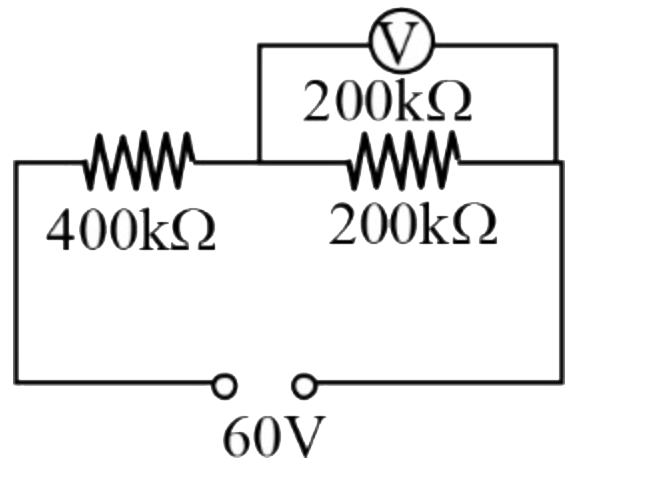 चित्रानुसार 60 V की एक नियत आपूर्ति दो प्रतिरोधकों के सिरों पर जुड़ी हुई है। वोल्टमीटर का पाठयांक क्या होगा, जिसमें 200 kOmega का एक प्रतिरोध है?