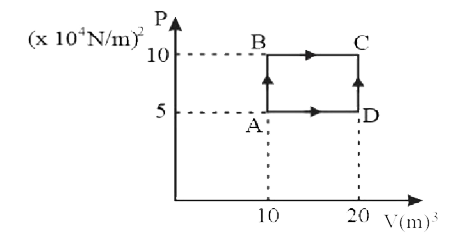2 kg का एक एकपरमाण्विक हीलियम गैस का प्रतिदर्श (आदर्श माना जाता है) प्रक्रम ABC से गुजारा जाता है और उसी गैस का 2 kg का एक अन्य प्रतिदर्श प्रक्रम ADC से गुजारा जाता है। यह देखते हुए कि हीलियम का आण्विक द्रव्यमान = 4 amu है, अवस्था D में हीलियम का तापमान ज्ञात कीजिए। [ सार्वत्रिक गैस नियतांक R=(25)/(3)Jmol^(-1)K^(-1) लीजिए ]