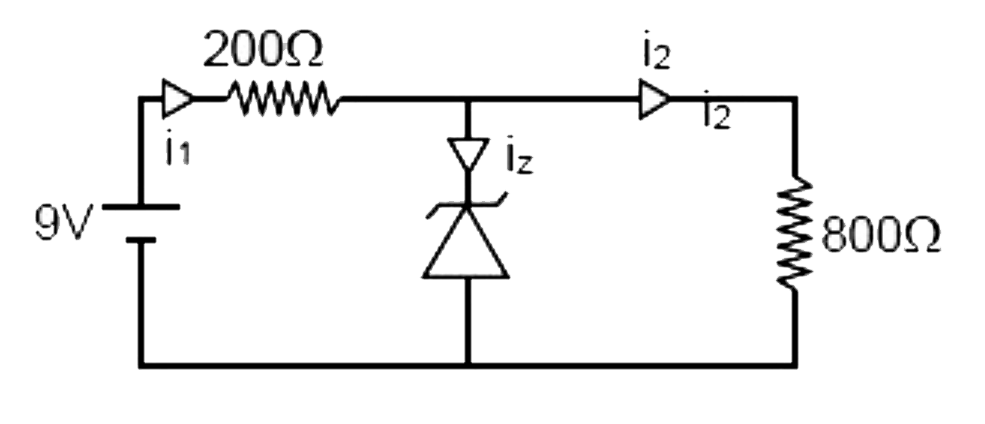 चित्र में, एक जेनर डायोड की उत्क्रम भंजन वोल्टता 5.6 V है, तब डायोड के माध्यम से प्रवाहित होने वाली विद्युत धारा I(Z)  कितनी है?
