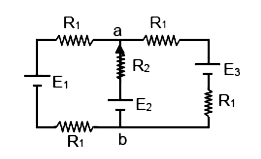 आदर्श सेल और प्रतिरोधकों के दिए गए नेटवर्क में, R1 = 1.0Omega, R2 = 2.0 Omega, E1 = 2 V  और E2 = E3 = 4 V  है। बिंदु a और b के बीच विभवांतर कितना है?