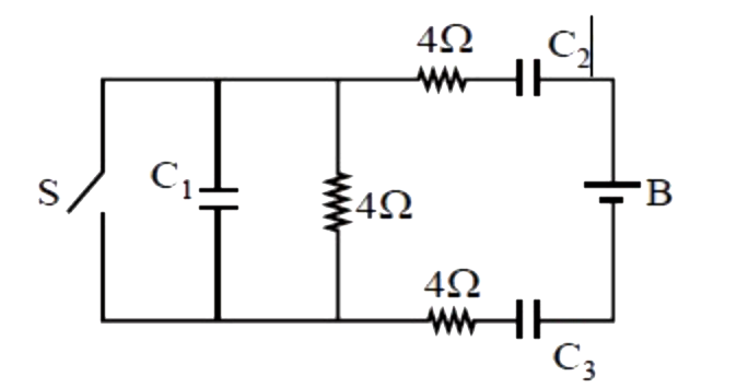 जैसा कि दिखाया गया है, संधारित्रों C1, C2  और C3  की धारिताएँ क्रमश: 4 muF, 6muF  और 12 muF  हैं और स्विच S लंबे समय तक बंद रहता है। जब स्विच S खोला जाता है, तो बैटरी B के माध्यम से प्रवाहित धारा के बारे में निम्नलिखित में से कौन सा कथन सही होगा?