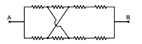दिखाए गए परिपथ में, प्रत्येक प्रतिरोधक प्रतिरोध का है। टर्मिनल A और B के बीच तुल्य प्रतिरोध कितना है?