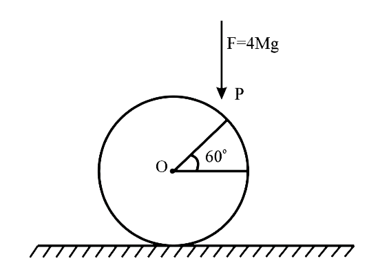 द्रव्यमान M और त्रिज्या R का एक एकसमान ठोस गोला एक खुरदुरे क्षैतिज तल पर स्थित है। जैसा कि चित्र में दिखाया गया है, एक नियत बल F = 4 Mg बिंदु P पर ऊर्ध्वाधर रूप से नीचे की ओर इस प्रकार कार्य करता है कि रेखा OP क्षैतिज के साथ 60^@  का कोण बनाती है। घर्षण गुणांक mu  का न्यूनतम मान जिसके लिए गोला शुद्ध लोटनिक गति करता है, है