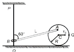 एक चिकनी चढ़ OP उधारवाधर रूप में बंधी गयी है दृव्यमान m और त्रिज्या R की एक चक्ति दिखाए गए अनुसार किसी खुरदुरे शेतृंज प्रीस्ट पर दिए गए छान पर फिसले बिना लुढ़क रही है चक्ति के दृव्यमान केंद्र C का वेग है L लम्बाई की चढ़ AB चक्ति के साथ A से जुडी हुई है जो चक्ति के केंद्र से उदरवाधर ऊपर दुरी R//2 पर पिन जॉइंट (जिसके चारो तरफ यह स्वतंत्र रूप में घूम सकता है ) है छड़. का दूसरा सिरा एक छोटी चिकनी वाले बी से जुड़ा है जो छड़ OP पर स्वतंत्र रूप से गति कर सकती है किसी क्षण छड़ AB उध्र्वाधर के साथ 60^@ कोण बनती है इस क्षण पर उध्र्वाधर छड़ पर वलए का वेग है