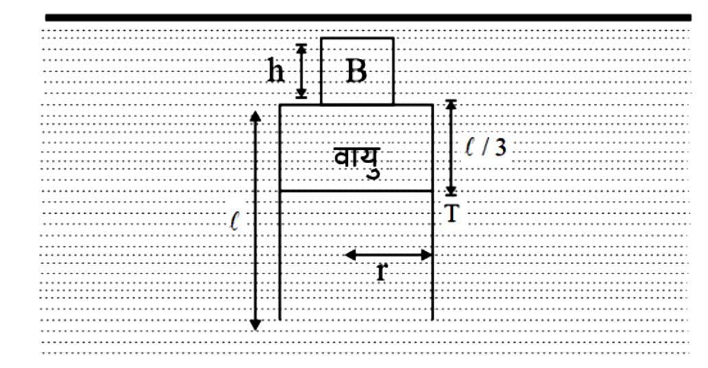 लंबाई । और त्रिज्या r की एक हल्की बेलनाकार नली T, जिसमें वायु है, को जल (घनत्व d1 ) में उल्टा किया गया है। नली का एक सिरा खुला है और दूसरा बंद है। जैसा कि चित्र में दिखाया गया है, घनत्व d2 (gt d1)  के एक गुटके B को नली पर रखा गया है। नली दिखाई गई स्थिति में साम्यावस्था में रहती है। B का आयतन ज्ञात कीजिए। जल के घनत्व की तुलना में वायु का घनत्व नगण्य है।