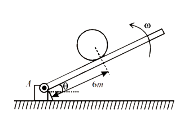 30 cmत्रिज्या  के साथ 450 N भार वाले एक बेलन को एक आनत तल पर स्थित रखा गया है जो 0.5rads^(-1) पर घूण्रन कर रहा है। जब आनत तल theta=30^(@) स्थिति पर होता है तो बेलन को छोउ़ा जाता है। यदि छोड़ने के क्षण पर बेलन पेंदें A से  6m पर है यदि कोई फिसलने नहीं है तो आनत तल के सापेक्ष बेलन के केंद्र का प्ररांभिक त्वरण क्या है (g=10ms^(-2))