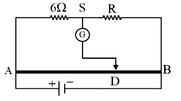 संलग्न चित्र में दिखाया गया मीटर सेतु तार AB, 100 cm लंबा है। जब AD = 30 cm, गैल्वेनोमीटर में कोई विक्षेप नहीं होता है। R (ओम में) का मान क्या है?