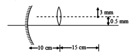 फोकस दूरी 20 cm का एक अवतल दर्पण और फोकस दूरी 10 cm का एक उत्तल लेन्स उनके प्रकाशिक अक्षों के समांतर 0.5 cm की दूरी पर रखा जाता है जैसा कि चित्र में दर्शाया गया है। लेन्स और दर्पण के बीच की दूरी 10 cm है। 3 mm ऊंचाई की एक वस्तु लेन्स से 15 cm की दूरी पर लेन्स के प्रकाशिक अक्ष पर रखी जाती है। दर्पण द्वारा निर्मित प्रतिबिंब की लंबाई mm में ज्ञात कीजिए।