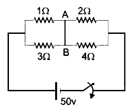 15 V विद्युत वाहक बल की एक आदर्श बैटरी से चार प्रतिरोध जुड़े हुए हैं, परिपथ स्थायी अवस्था में है तब तार AB में धारा (ऐम्पियर में) है: